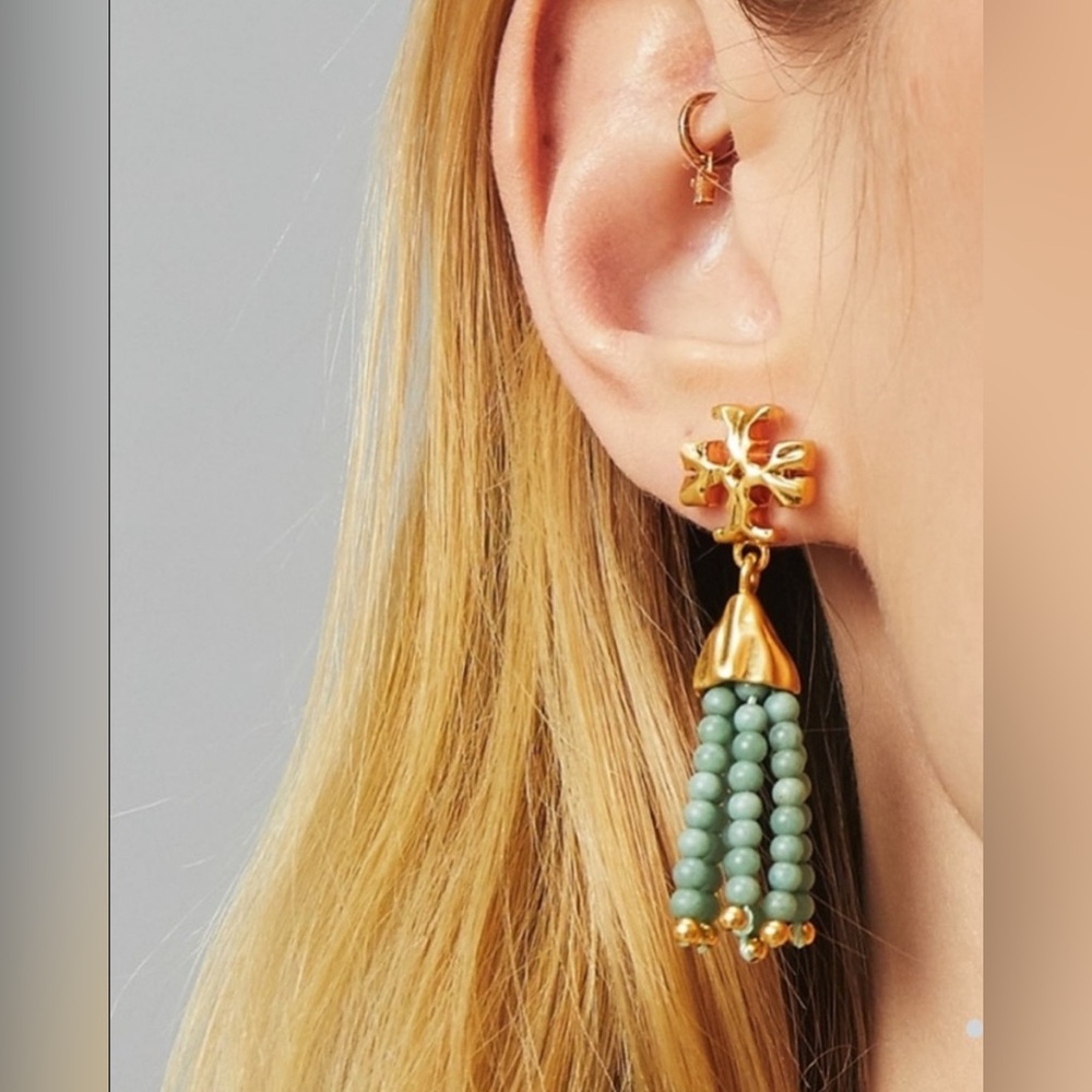 Tory Burch Jade & Gold‎ Tassel Earrings NWT